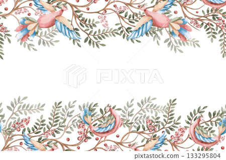 A rectangular frame with branches and stylized birds. Isolated watercolor illustration for flower shop business cards, cosmetic packaging, poster printing, and Christmas card design. 133295804