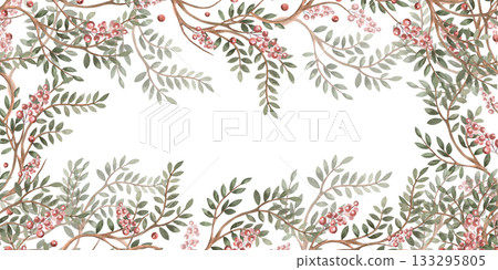 Rectangular frame with branches and berries. Isolated watercolor illustration for flower shop business cards, cosmetic packaging, poster printing, and Christmas card design. 133295805