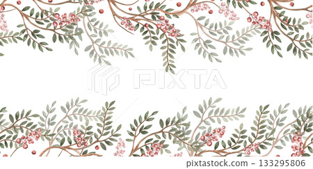 A rectangular frame with curved branches with leaves and berries. Isolated watercolor illustration for flower shop business cards, cosmetic packaging, poster printing, and Christmas card design. A rectangular frame with curved branches with leaves and berries. Isolated watercolor illustration for flower shop business cards, cosmetic packaging, poster printing, and Christmas card design. 133295806