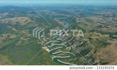 Curved meanders in canyon of Uvac river Serbia Curved meanders in canyon of Uvac river Serbia 133295878