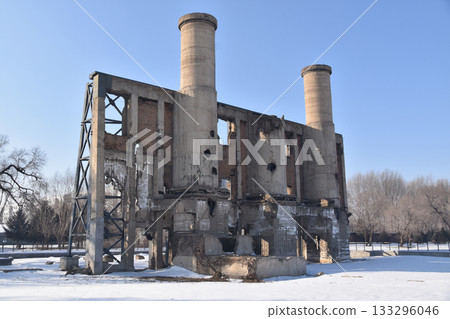 The chimneys of the  abandoned boiler room at Unit 731 in Harbin, China 133296046