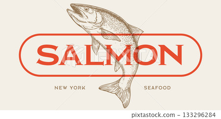Salmon fish seafood, label. Vintage retro print, seafood salmon fish sketch, logo sign tag label template, pencil style drawing, engrave old school. Hand drawn sketch salmon fish. Vector Illustration Salmon fish seafood, label. Vintage retro print, seafood salmon fish sketch, logo sign tag label template, pencil style drawing, engrave old school. Hand drawn sketch salmon fish. Vector Illustration 133296284