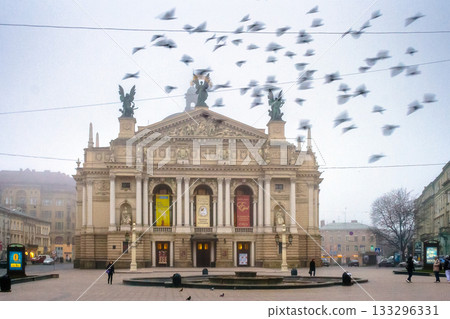 lviv, ukraine - 17 nov 2012: opera house on freedom avenue on a misty autumn morning. state academic theater of opera and ballet is unesco heritage in the old city center, historical halych district lviv, ukraine - 17 nov 2012: opera house on freedom avenue on a misty autumn morning. state academic theater of opera and ballet is unesco heritage in the old city center, historical halych district 133296331