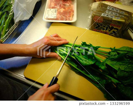 Kitchen cooking vegetables meat cutting woman hand tags 133296599