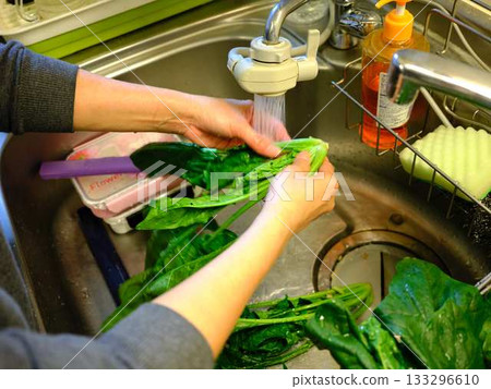 Kitchen cooking vegetables meat cutting woman hand tags Kitchen cooking vegetables meat cutting woman hand tags 133296610