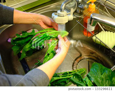 Kitchen cooking vegetables meat cutting woman hand tags 133296611