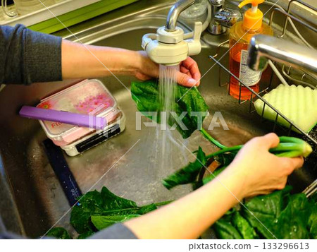Kitchen cooking vegetables meat cutting woman hand tags Kitchen cooking vegetables meat cutting woman hand tags 133296613