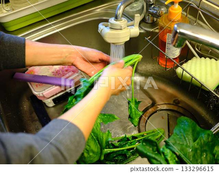 Kitchen cooking vegetables meat cutting woman hand tags Kitchen cooking vegetables meat cutting woman hand tags 133296615