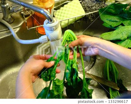 Kitchen cooking vegetables meat cutting woman hand tags Kitchen cooking vegetables meat cutting woman hand tags 133296617