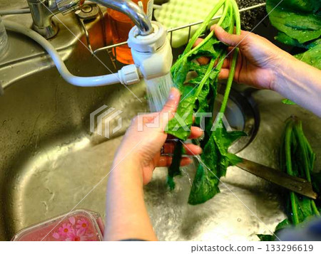 Kitchen cooking vegetables meat cutting woman hand tags Kitchen cooking vegetables meat cutting woman hand tags 133296619