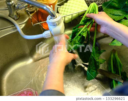 Kitchen cooking vegetables meat cutting woman hand tags 133296621
