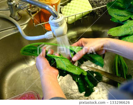 Kitchen cooking vegetables meat cutting woman hand tags Kitchen cooking vegetables meat cutting woman hand tags 133296626