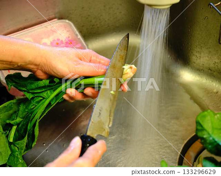 Kitchen cooking vegetables meat cutting woman hand tags Kitchen cooking vegetables meat cutting woman hand tags 133296629