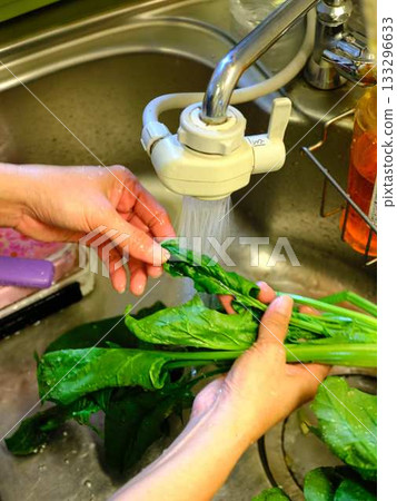 Kitchen cooking vegetables meat cutting woman hand tags 133296633