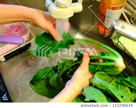 Kitchen cooking vegetables meat cutting woman hand tags Kitchen cooking vegetables meat cutting woman hand tags 133296634