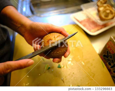 Kitchen cooking vegetables meat cutting woman hand tags 133296663