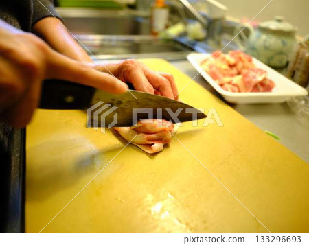 Kitchen cooking vegetables meat cutting woman hand tags Kitchen cooking vegetables meat cutting woman hand tags 133296693
