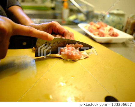 Kitchen cooking vegetables meat cutting woman hand tags Kitchen cooking vegetables meat cutting woman hand tags 133296697