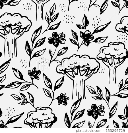 Monochrome seamless floral doodle pattern. Perfect vector for fabric, apparel, wallpaper, textiles, and packaging. Minimalist, high contrast design. Monochrome seamless floral doodle pattern. Perfect vector for fabric, apparel, wallpaper, textiles, and packaging. Minimalist, high contrast design. 133296729