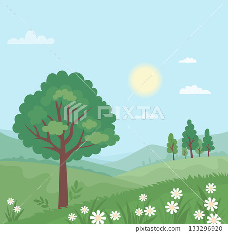 Spring landscape with Green Trees, Grass and Chamomile Blossoming White Flowers. Seasonal Nature poster. Minimal springtime flat square background. Vector illustration. Not AI 133296920