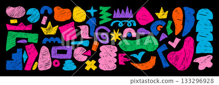 Abstract Freeform set. Curvature Crayon Colorful Hand Drawn various Shapes, Curls, Geometric Forms and doodle objects on Black. Isolated textured drawings scrawls. Vector illustration. Not AI 133296928