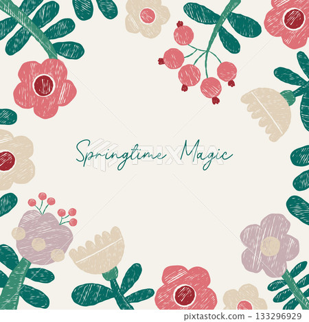 Spring Floral Hand-Drawn Card. Crayon Flowers with Leaves. Textured Chalk Drawings. Square blooming composition Pattern Frame poster with Slogan. Primitive Vector illustration. Not AI 133296929
