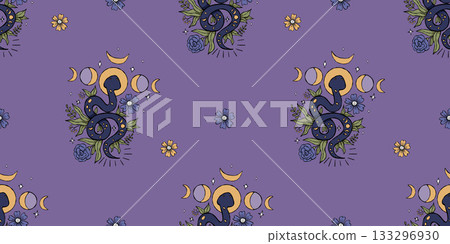 Seamless pattern with Mystical Snake with Moon Phase and Flowers on violet background. Magical dark Kundalini Textured Hand Drawing Doodle. Horizontal Vector illustration. Not AI 133296930