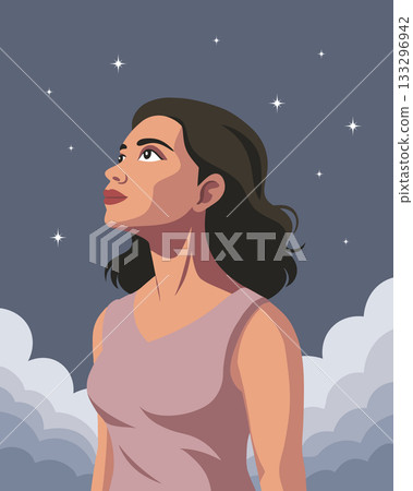 Young woman looking up in a sky with stars. Hope, mental health, clarity concept. Illustration. Young woman looking up in a sky with stars. Hope, mental health, clarity concept. Illustration. 133296942