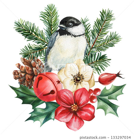 Chickadee bird with pine cones red bells winter flowers and holly berries watercolor seasonal botanical design 133297034