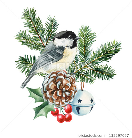 Chickadee bird with pine cone holly leaves red berries and evergreen branches watercolor winter woodland decor 133297037