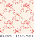 Coquette core Christmas seamless pattern. Hand drawn line red isolated Christmas stocking, bell and ribbon bow on beige background. Whimsical print. 133297064