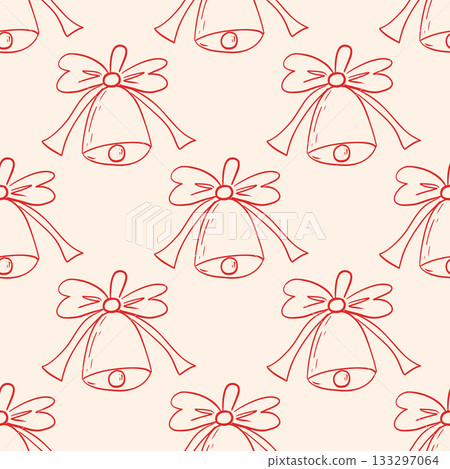 Coquette core Christmas seamless pattern. Hand drawn line red isolated Christmas stocking, bell and ribbon bow on beige background. Whimsical print. 133297064