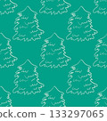 Whimsical Christmas seamless pattern in green color with Christmas tree. Line art coquette illustrations. 133297065