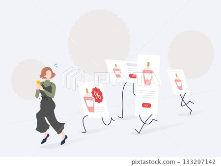 A young woman with a smartphone being followed by tracking ads A young woman with a smartphone being followed by tracking ads 133297142