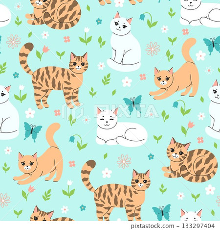 Seamless pattern with cute spring cats and flowers. Vector graphics. 133297404