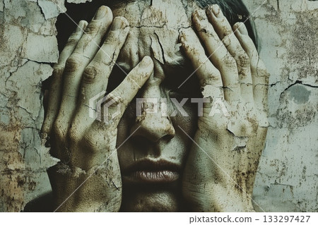 Emotional Distress and Turmoil Expressed Through Hands on Face with Cracked Wall Texture 133297427
