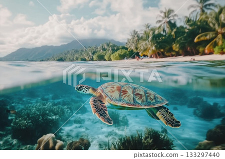 Majestic Sea Turtle Gliding Through Crystal Clear Water Near Tropical Beach Paradise Majestic Sea Turtle Gliding Through Crystal Clear Water Near Tropical Beach Paradise 133297440