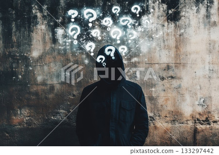 Mysterious individual in a hoodie surrounded by question marks over an urban textured background Mysterious individual in a hoodie surrounded by question marks over an urban textured background 133297442