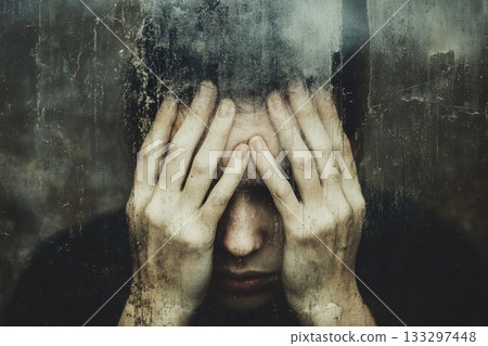 A Person Expressing Distress by Covering Face with Hands Behind a Foggy Glass Surface A Person Expressing Distress by Covering Face with Hands Behind a Foggy Glass Surface 133297448