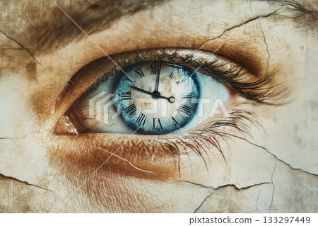 Close-Up of an Eye with a Clock Embedded Reflecting Time and Deep Emotions in a Surreal Style 133297449