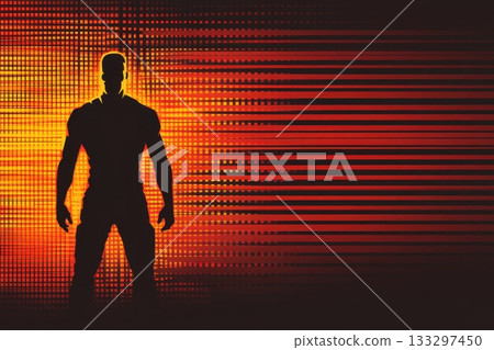 Silhouette of Strong Figure Against Abstract Colorful Background in Striking Design Silhouette of Strong Figure Against Abstract Colorful Background in Striking Design 133297450
