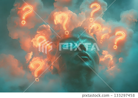 Contemplative Sculpture Surrounded by Ethereal Question Marks and Mystical Cloud Formation Contemplative Sculpture Surrounded by Ethereal Question Marks and Mystical Cloud Formation 133297458