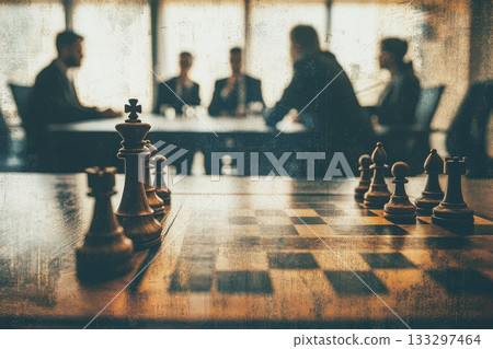 Business Meeting with Chess Game in Foreground and Professionals in Blurred Background 133297464
