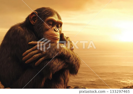 Thoughtful Ape Enjoying Sunset Over Serene Ocean Landscape in Warm Golden Tones Thoughtful Ape Enjoying Sunset Over Serene Ocean Landscape in Warm Golden Tones 133297465