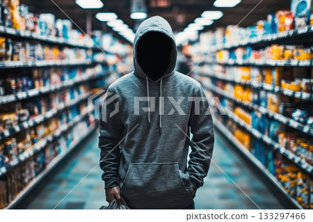 Mysterious Figure in Hoodie Stands in Grocery Aisle Surrounded by Colorful Products Mysterious Figure in Hoodie Stands in Grocery Aisle Surrounded by Colorful Products 133297466