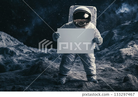 Astronaut Holding Blank Sign on Moon Surface, Surrounded by Stars and Cosmic Landscape Astronaut Holding Blank Sign on Moon Surface, Surrounded by Stars and Cosmic Landscape 133297467
