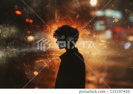 Mysterious silhouette of a figure against a blurred urban backdrop at night Mysterious silhouette of a figure against a blurred urban backdrop at night 133297488