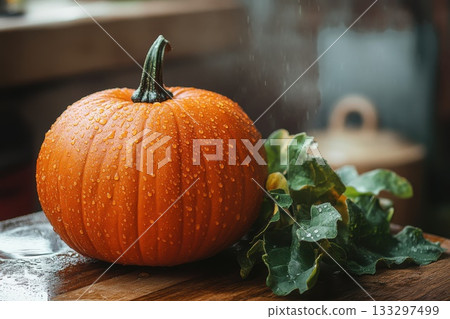 Freshly Harvested Pumpkin with Water Drops on Wooden Surface and Green Leaves Nearby 133297499