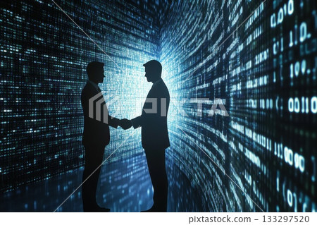 Two Business Executives Shaking Hands with Digital Background Two Business Executives Shaking Hands with Digital Background 133297520