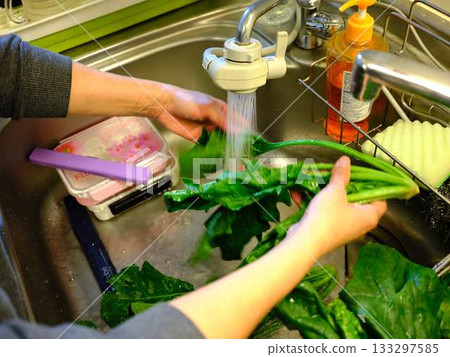 Kitchen cooking vegetables meat cutting woman hand tags 133297585